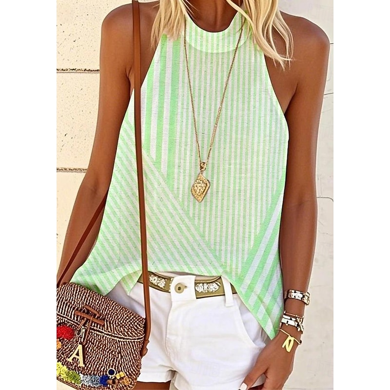Women's Blouse Graphic Striped Stylish Casual Sleeveless Crew Neck High Neck Regular Tops Daily Print Pink Blue Purple Green Summer Spring4