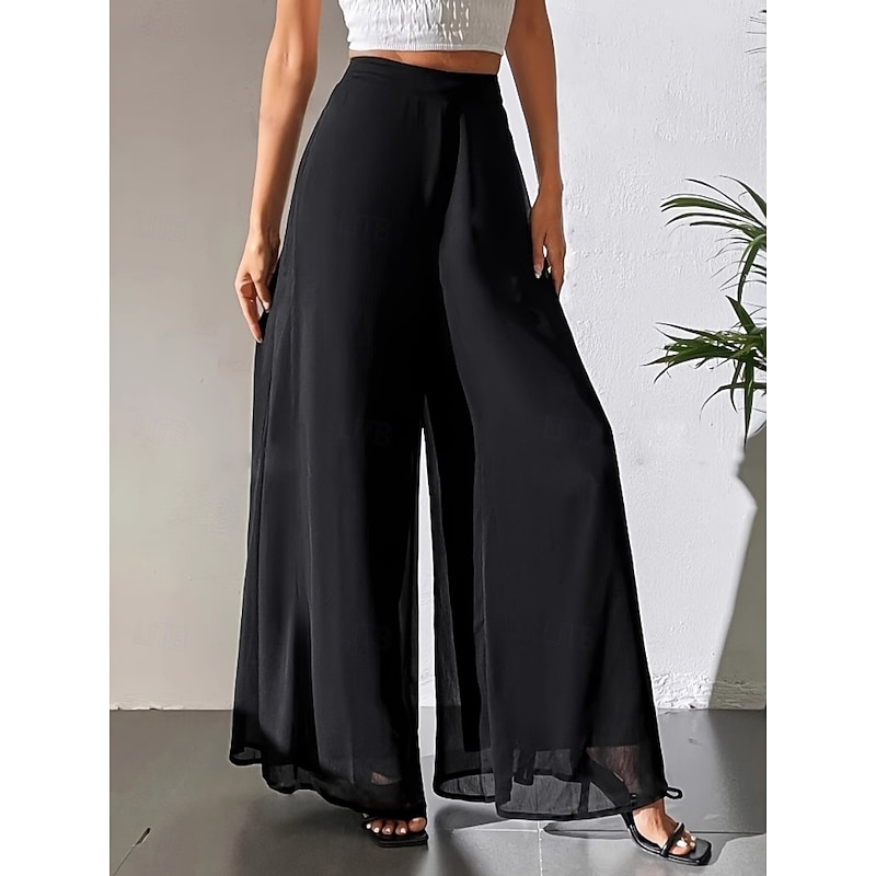 Women's Wide Leg Chinos Vacation Vintage Fashion Full Length High Waist Plain Pocket Elastic Waistband Comfy Soft Comfortable Micro-elastic Outdoor Street Black Summer Spring Loose Fit