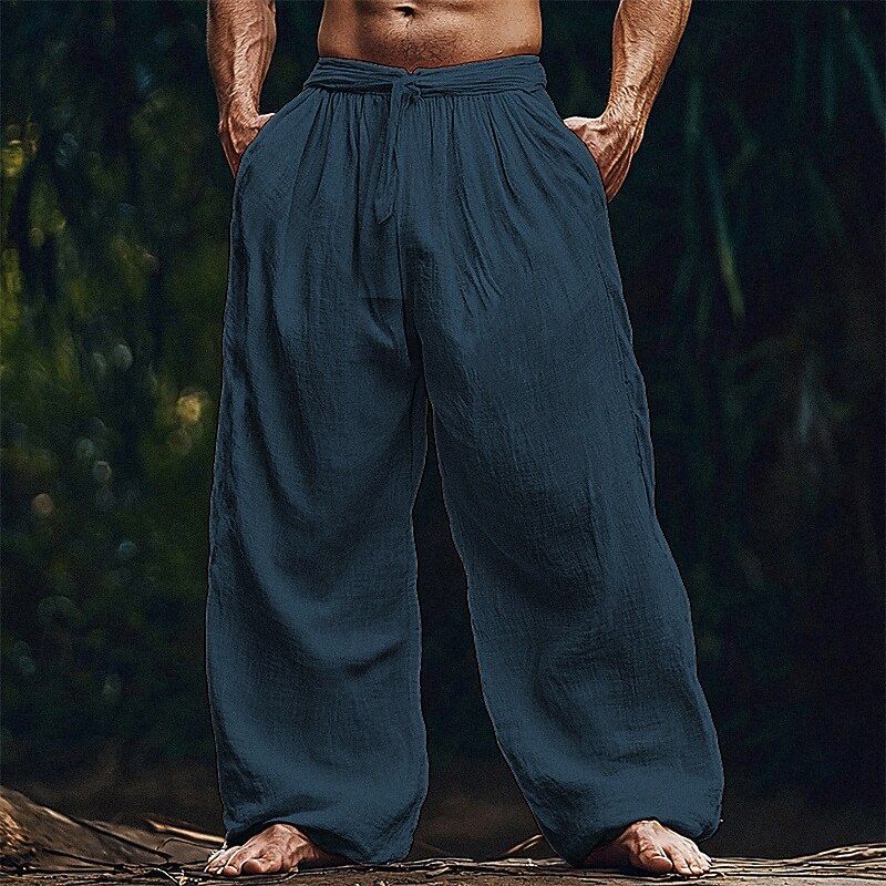 Men's Linen Pants Trousers Summer Pants Beach Pants Pocket Drawstring Elastic Waist Plain Comfort Breathable Vacation Daily Holiday Hawaiian Boho White Navy Blue3