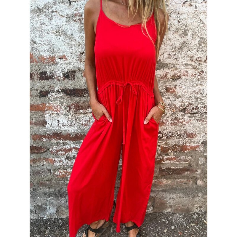 Women's Normal Jumpsuit Streetwear Solid Color Sleeveless Crew Neck Pocket Drawstring Street Daily Regular Fit Black Fuchsia Gold Summer3