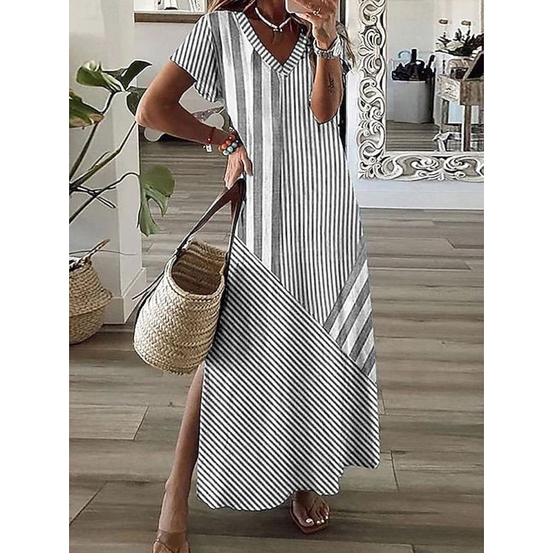 Women's Maxi Dress A Line Dress Summer Dress Vacation Casual Daily Regular Fit Graphic Striped Short Sleeve V Neck Pink Blue Gray Summer