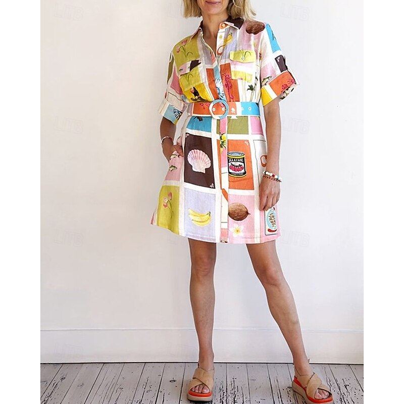 Women's Mini Dress Cotton Linen Dresses Casual Dress Fashion Outdoor Party Holiday Regular Fit Color Block Short Sleeve Shirt Collar Yellow Summer4