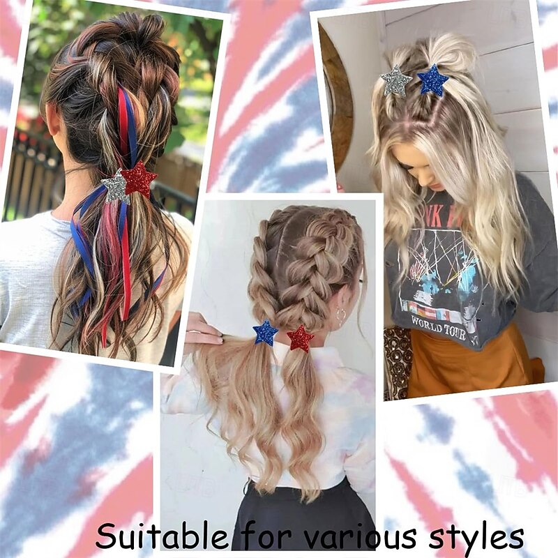6Pcs 4th of July Hair Clips for Women Red White Blue Star Snap Hair Accessories with Glitter Patriotic Hair Clip Independence Day Flat Hair Barrettes for Holiday Party Hair Decoration3