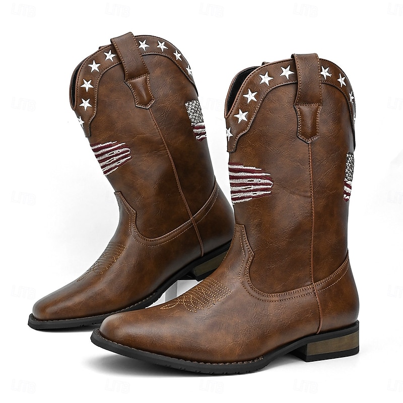 Men's Brown Faux Leather Western Boots with American Flag Design – Bold and Stylish Boots for Country Events, Concerts and Casual Outings2