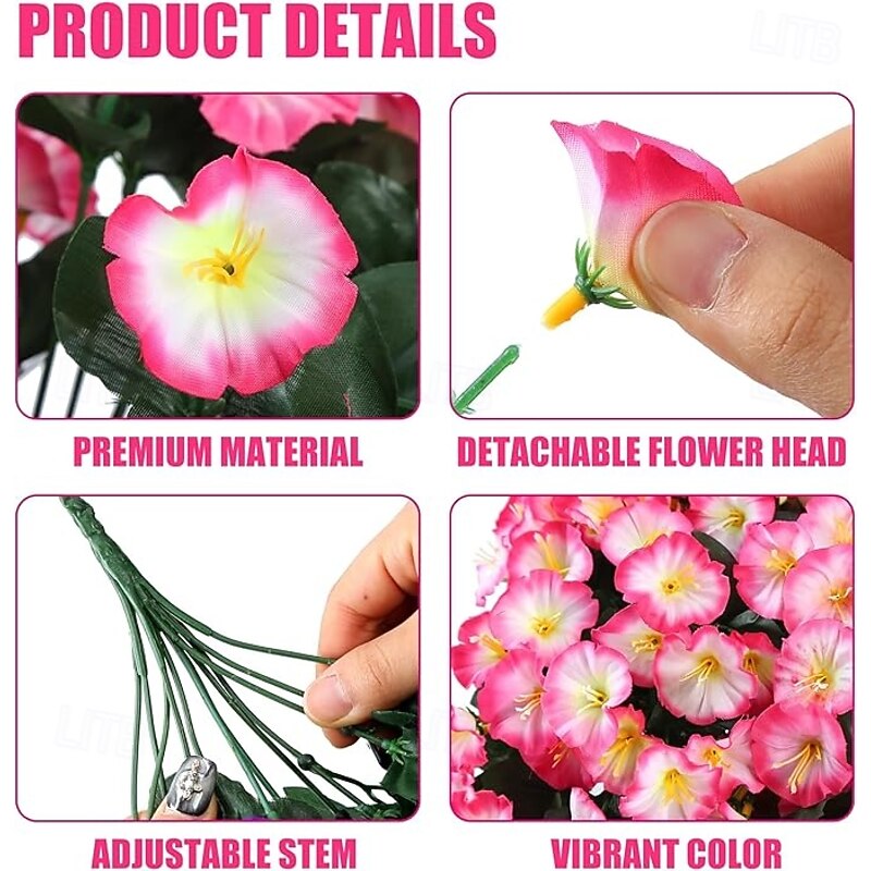 2 Pack Artificial Fake Hanging Flowers Plants for Outdoor Outside Spring Summer Decoration Faux Silk UV Resistant Realistic Morning Glory Trailing Vines for Home Porch Patio Balcony4