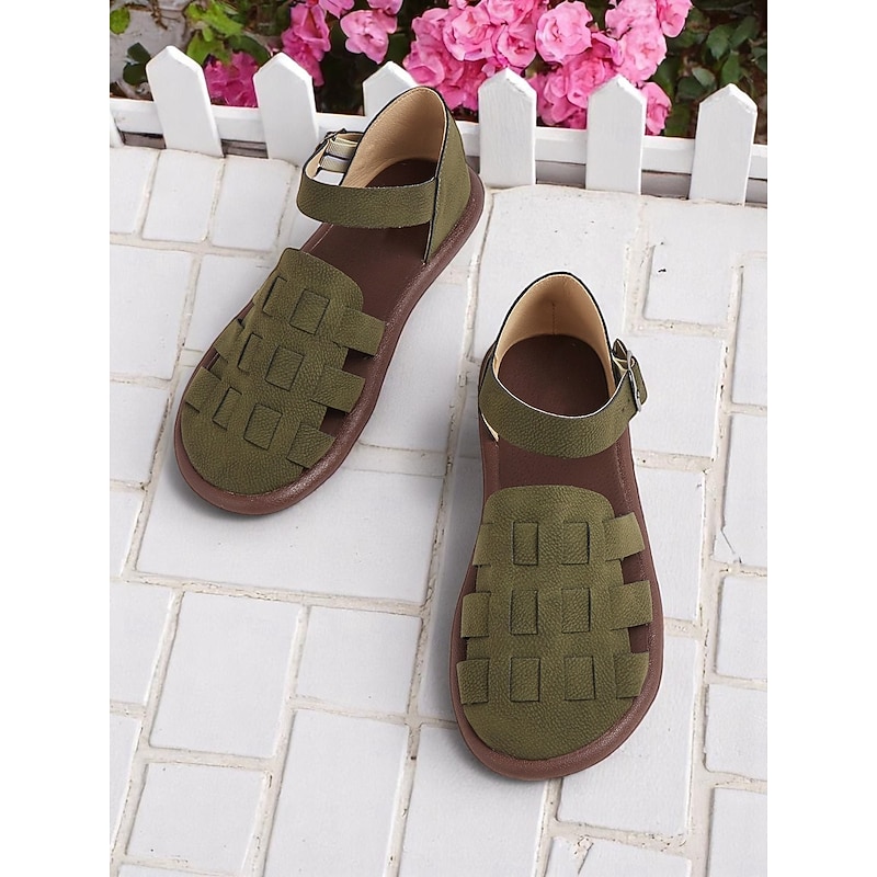 Women's Green Faux Leather Fisherman Shoes with Ankle Strap – Vintage Casual Flats for Garden, Patio and Summer Errands