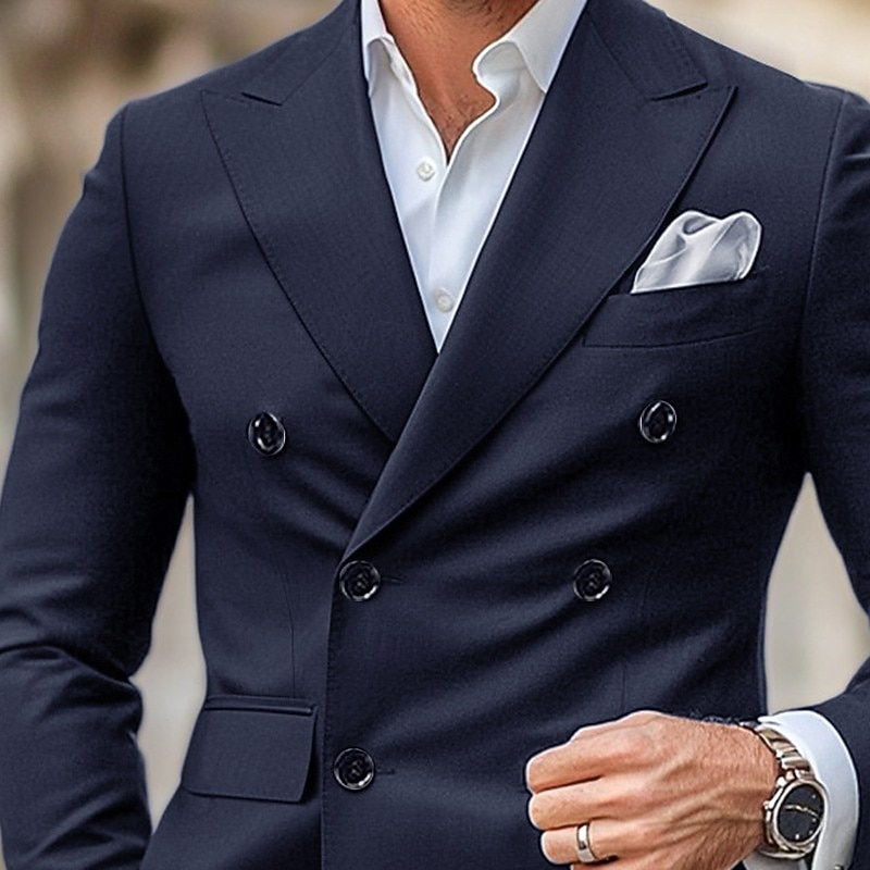 Men's Formal Wedding Suits Peaked Lapel Navy Blue Elegant Fashion Solid Color Tailored Fit 2 Piece3