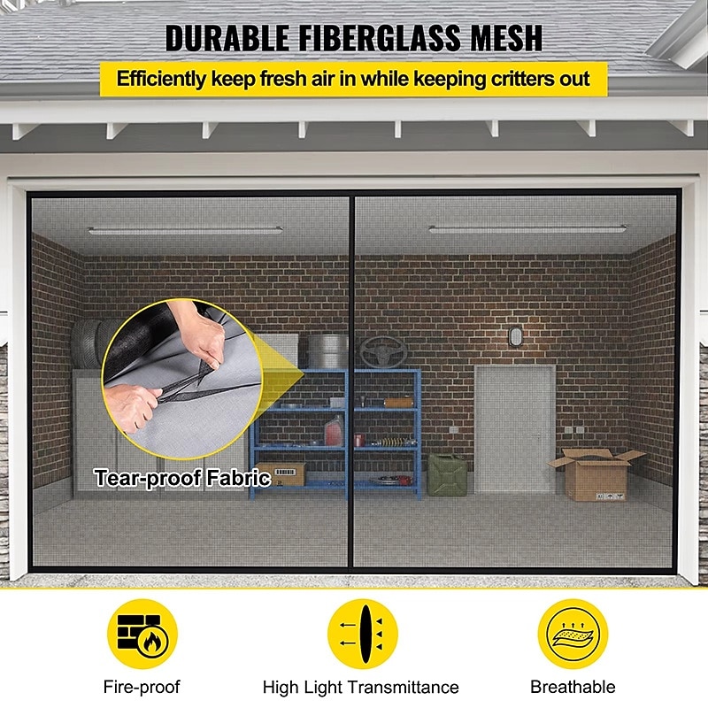Garage Door Screen 488 x 213 cm / 16 x 7 ft for 2 Cars Heavy-Duty Fiberglass Mesh for Quick Entry Self Sealing Magnet Retractable2