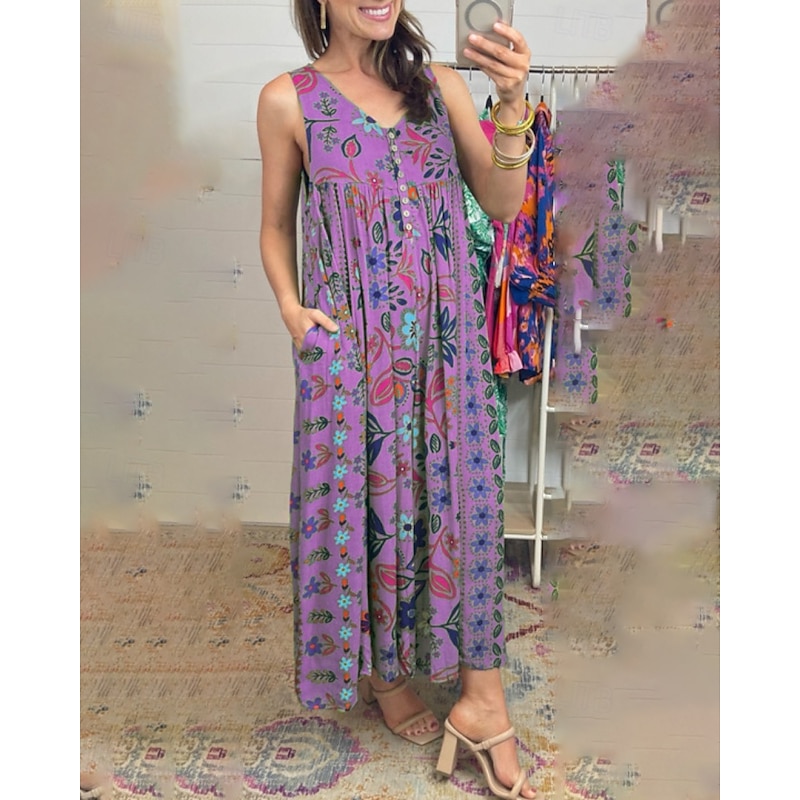 Women's Normal Jumpsuit Streetwear Floral Sleeveless V Neck Pocket Print Daily Holiday Regular Fit Pink Blue Purple Summer