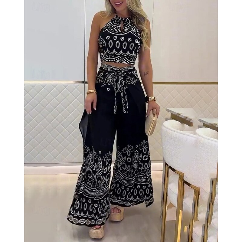 Women's Active Boho Blouse Pants Sets Sleeveless Halter Neck Floral Print Vacation Weekend Black Pink Red Summer Regular Fit