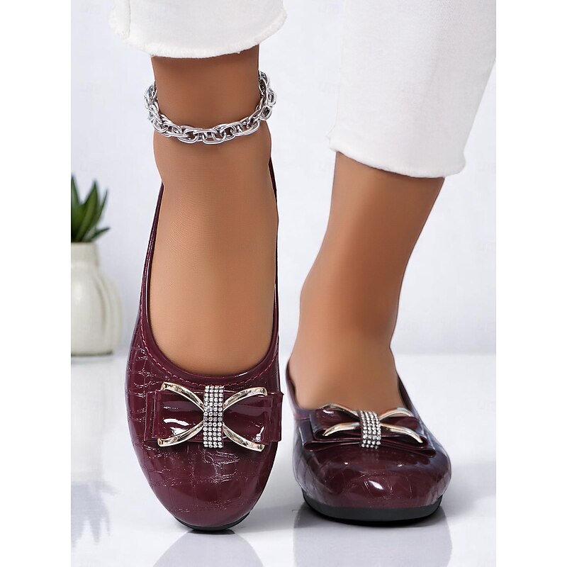 Women's Patent Leather Bow Flats with Rhinestone Detail – Classic Slip-On Flats for Adult Women, Perfect for Office Wear, Daily Errands, Dinner Dates & Holiday Gatherings4