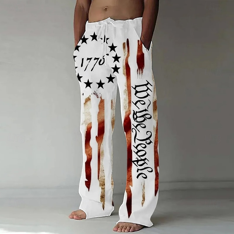 Independence Day Men's American US Flag We The People Patriotic Trousers Baggy Pants Casual Pants Mid Waist Casual Holiday Streetwear Drawstring Elastic Waist Wide Leg Summer Spring 3D Print White
