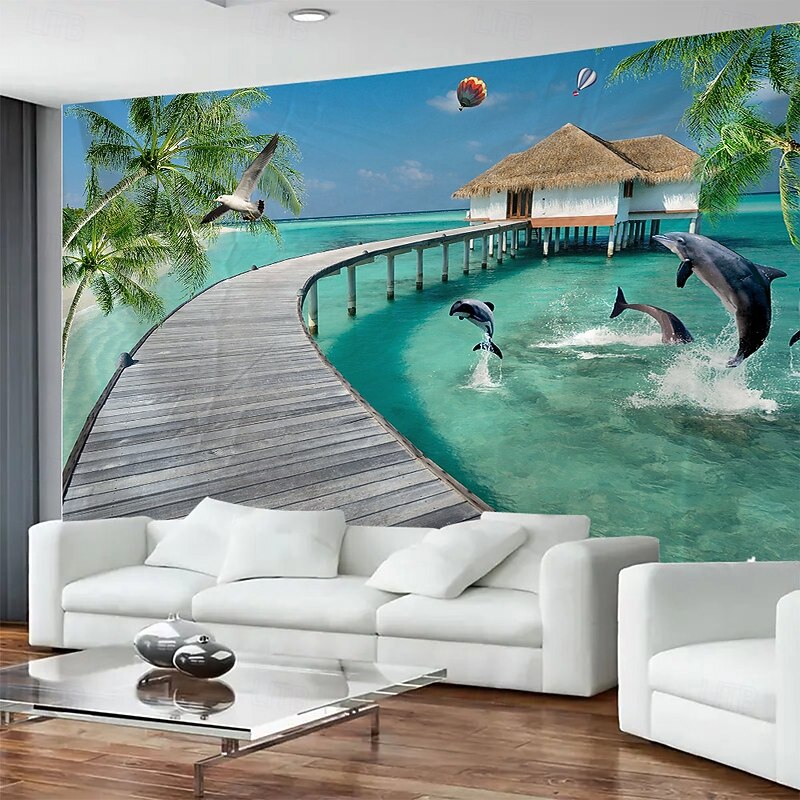 Seascape Grass House Bridge Landscape Hanging Tapestry Mural Art Large Tapestry Mural Decoration Photos Background Carpet Curtains Home Bedroom Living Room Decoration