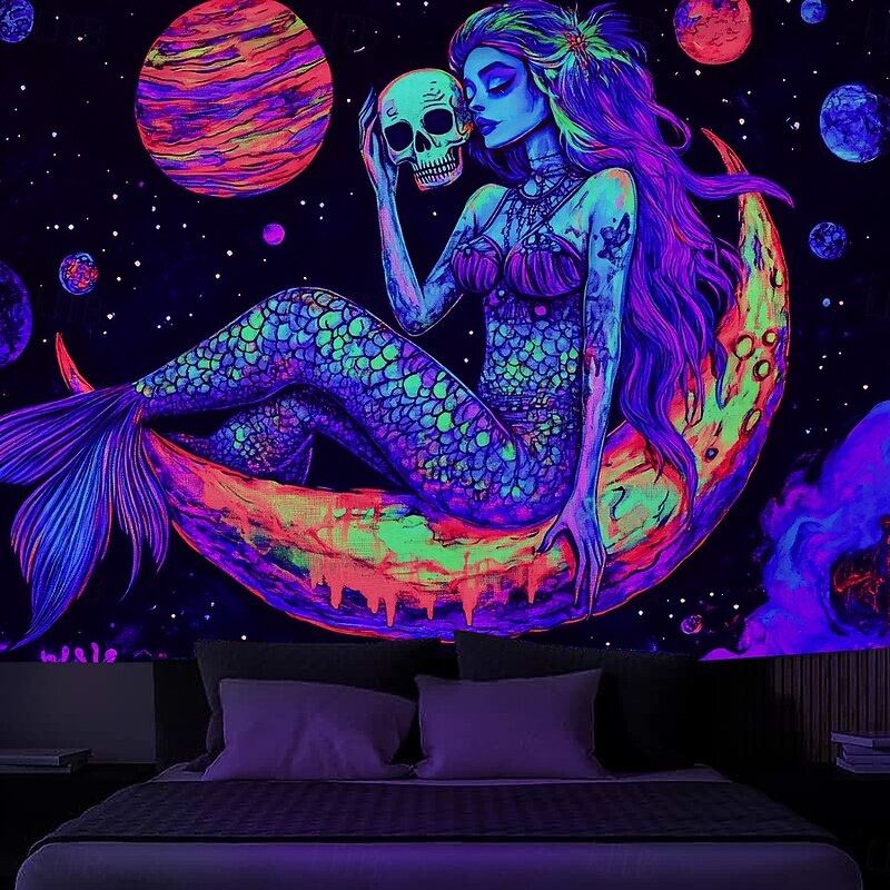 Halloween Blacklight Tapestry Glow in the Dark Glow Party UV Reactive Skull Snake Woman Creepy Trippy Misty Hanging Tapestry Wall Art Mural for Living Room Bedroom2
