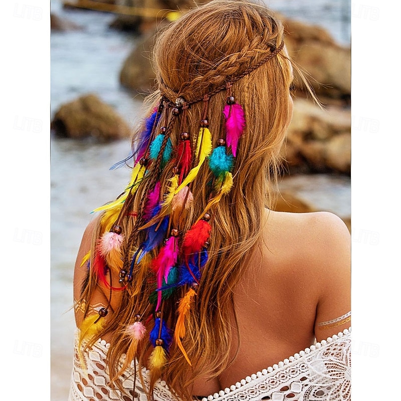 Boho Rainbow Indian Headbands Hippie Feather Headdress Adjustable Long Feather Hair Accessories for Women and Girls4