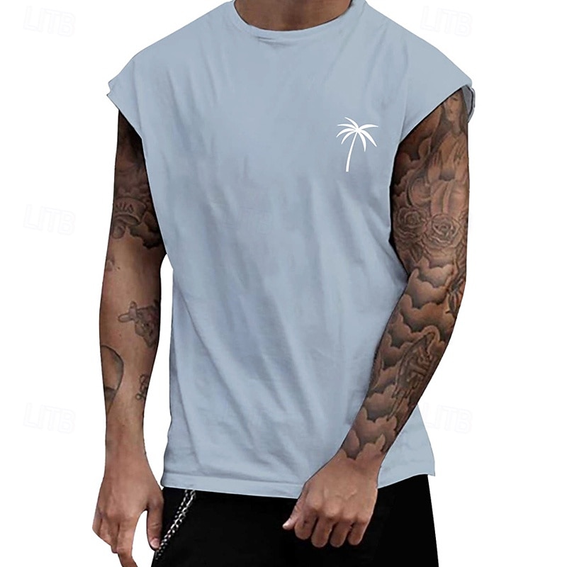 Men's Tank Top Vest Top Undershirt Sleeveless Shirt Sleeveless Crew Neck Summer Coconut Tree Fashion Designer Basic Print Vacation Street Going out Black White Light Blue Top Tee for Men