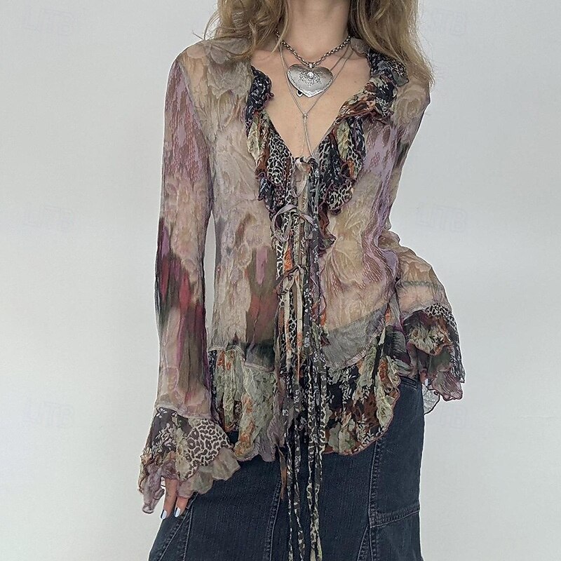 Women's Boho Shirt Blouse Flower Modern Boho Long Sleeve V Neck Regular Tops Daily Holiday Mesh Print Purple Summer2