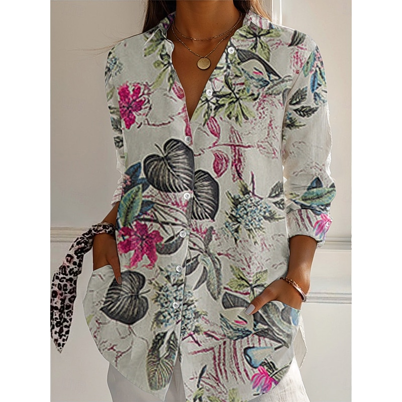 Women's Boho Shirt Cotton Linen Shirts Button Up Blouse Floral Geometric Basic Casual Long Sleeve Shirt Royal Blue Purple Khaki Toile Home Party Elegant Neutral Daily Shirt Collar Loose Fit S3