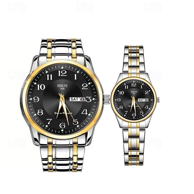 Two round digital dial elegant men and women Couples watch IPX7 waterproof grade Glow-in-light double calendar Monday/Sunday display alloy strap ideal gift for men and women dating fashion couples spo4