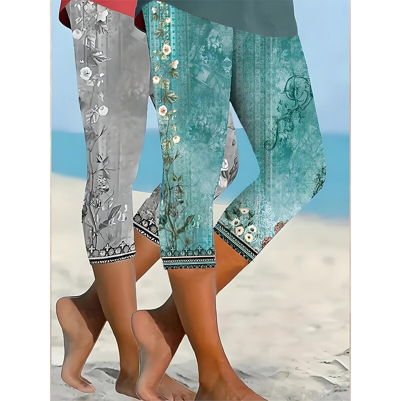 Women's Leggings Vacation Vintage Fashion Calf-Length High Waist Floral Graphic Printing Thermal Warm Breathable Soft Stretchy Outdoor Vacation Street Lake blue Robin's Egg Blue Green ash-colored
