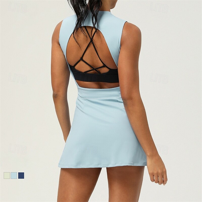 Women's Tennis Dress with Shorts Sports Dress Sleeveless Ruched Backless Drawstring Breathable Moisture Wicking Tennis Golf Running Solid Colored Open Back Light Green Dark Navy Light Blue Tennis2