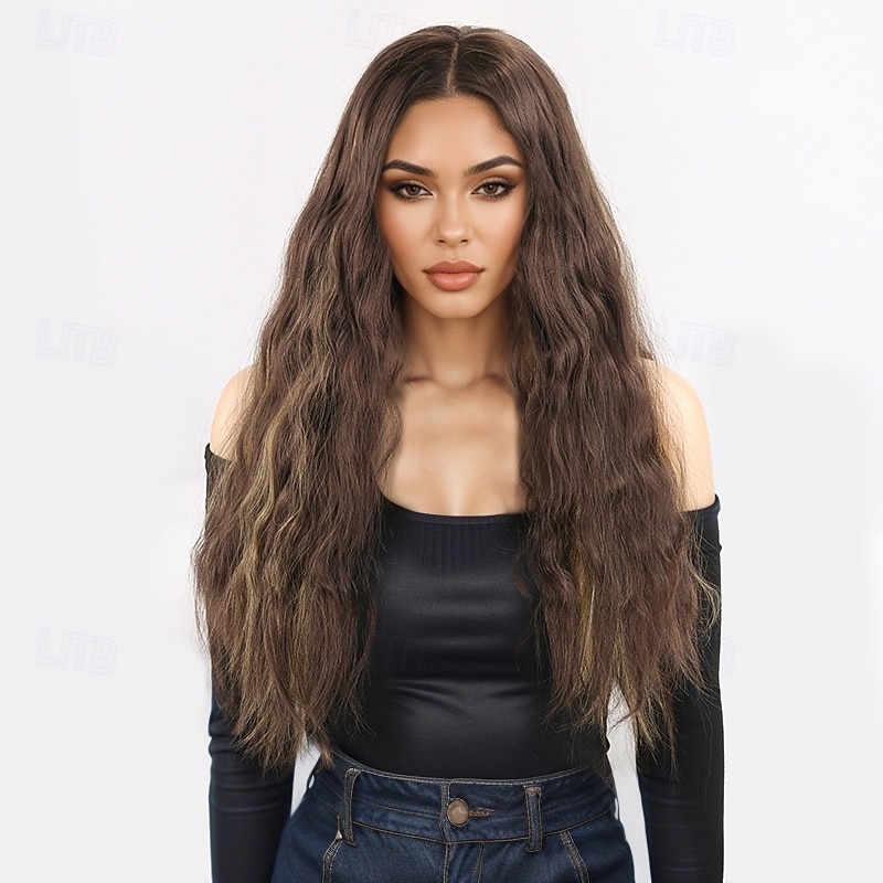 Womens Synthetic Wig Wavy Micro Locs Layered Haircut with Bangs Machine Made 28 inch A1 Gradient Brown Synthetic Hair Classic Comfortable4