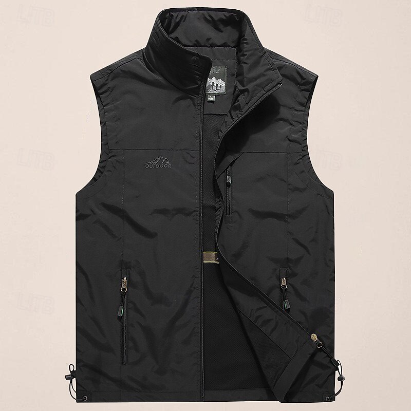 Men's Fishing Vest Sleeveless Vest Outdoor Casual Spring Fall Pocket Polyester Quick Dry Plain Zipper Stand Collar Black Army Green Blue Khaki Vest