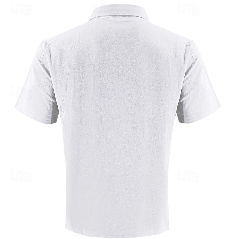 Men's Shirt Linen Shirt Casual Shirt Button Up Shirt Cotton Shirt Plain Vacation Street Black White Khaki Army Green Short Sleeve Turndown Summer Clothing Apparel Front Pocket4