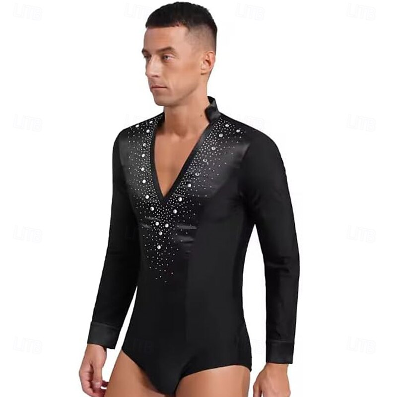Mens Latin Dance Leotard Shirt Top Figure Skating Costume V Neck Long Sleeve Satin Bodysuit Ballroom Shirts3