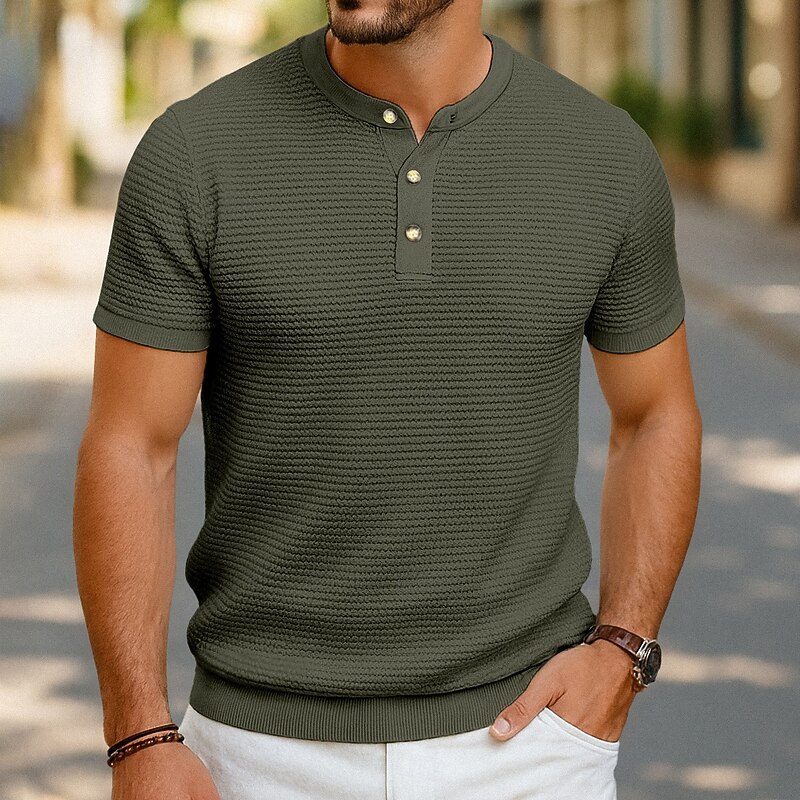 Men's Waffle Henley Shirt Tee Short Sleeve Solid Color Plain Fashion Designer Casual Buttons Color Block Henley Outdoor Casual Daily Summer All Seasons Black White Wine Henley T-Shirt2