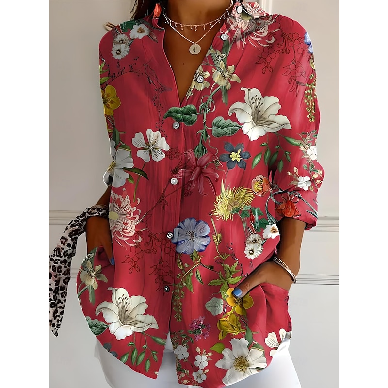 Women's Shirt Button Down Tunic Shirt Collar Long Sleeve Ombre Floral Graphic Vintage Tropical Stylish Regular Tops Work Daily s Print White Pink Red Green Beige Spring Fall3