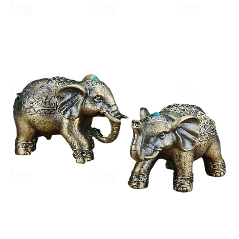 Vintage Ashtray with Lid, Elephant Windproof Covered Ashtray for Home Office, European Retro Decorative Anti-Fly Ashtray Ornament2
