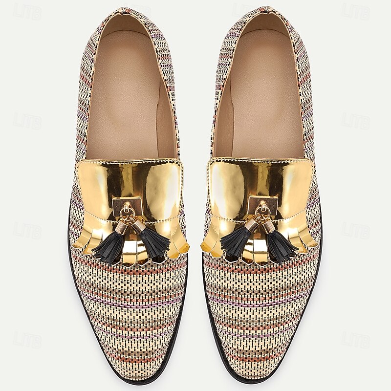 Men's Gold Buckle Slip-On Loafers with Breathable Woven Nylon Upper and Black Tassels Statement Shoes for Adults Perfect for Retro Events Cocktail Parties Stage Performances4