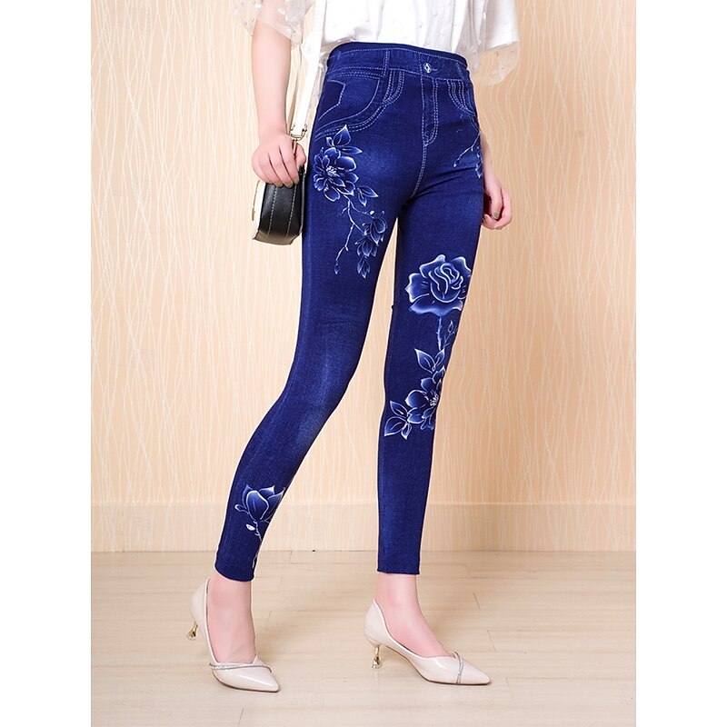Women's Leggings Trousers 3D Print Chinos Vacation Vintage Streetwear Full Length High Waist Floral Printing Comfy Soft Comfortable Stretchy Outdoor Street Blue Summer Slim Fit2
