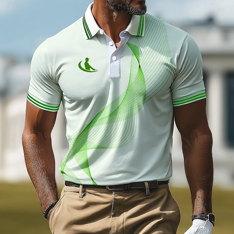 Men's Sports Polo Shirts Casual Sports Lapel Short Sleeve Geometic Line Buttons Summer Robin's Egg Blue Green Gray Sports Polo Shirts3