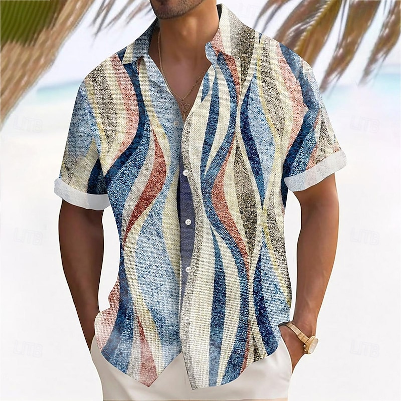 Men's Geometric Waves Shirt Summer Shirt Button Up Shirt Short Sleeve Fashion Casual Outdoor Vacation Dailywear Summer Spring Turndown 3D Print Collared Shirts Blue