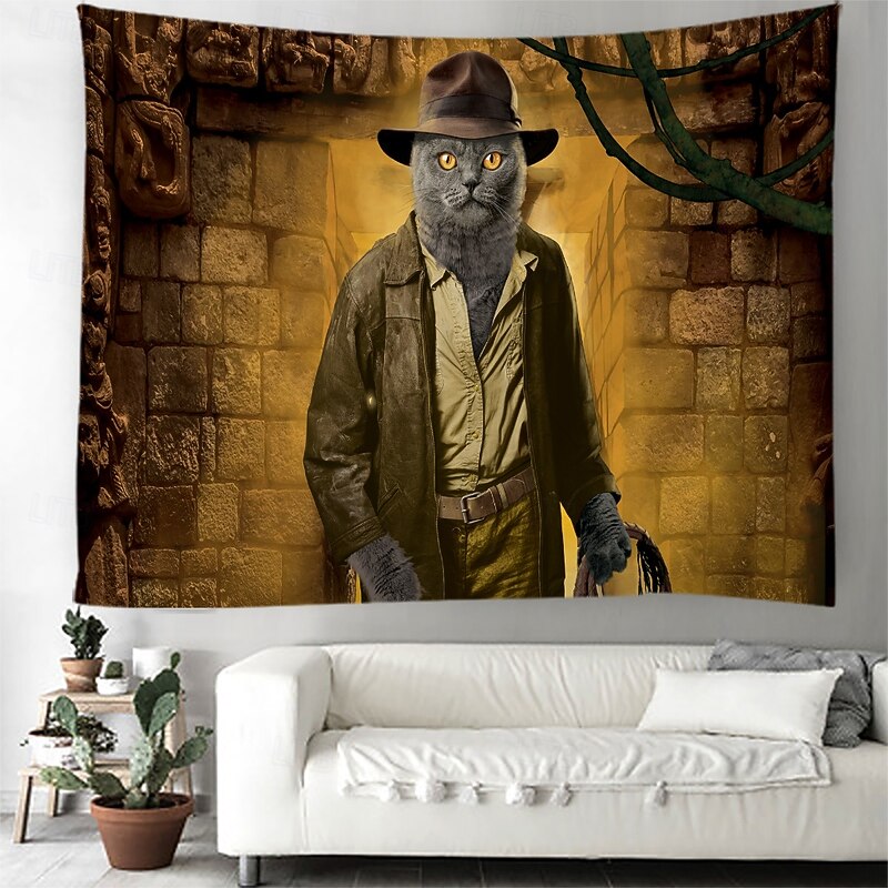 "Indiana Jones Cat" Vincent Hie Hanging Tapestry Wall Art Large Tapestry Mural Decor Photograph Backdrop Blanket Curtain Home Bedroom Living Room Decoration3