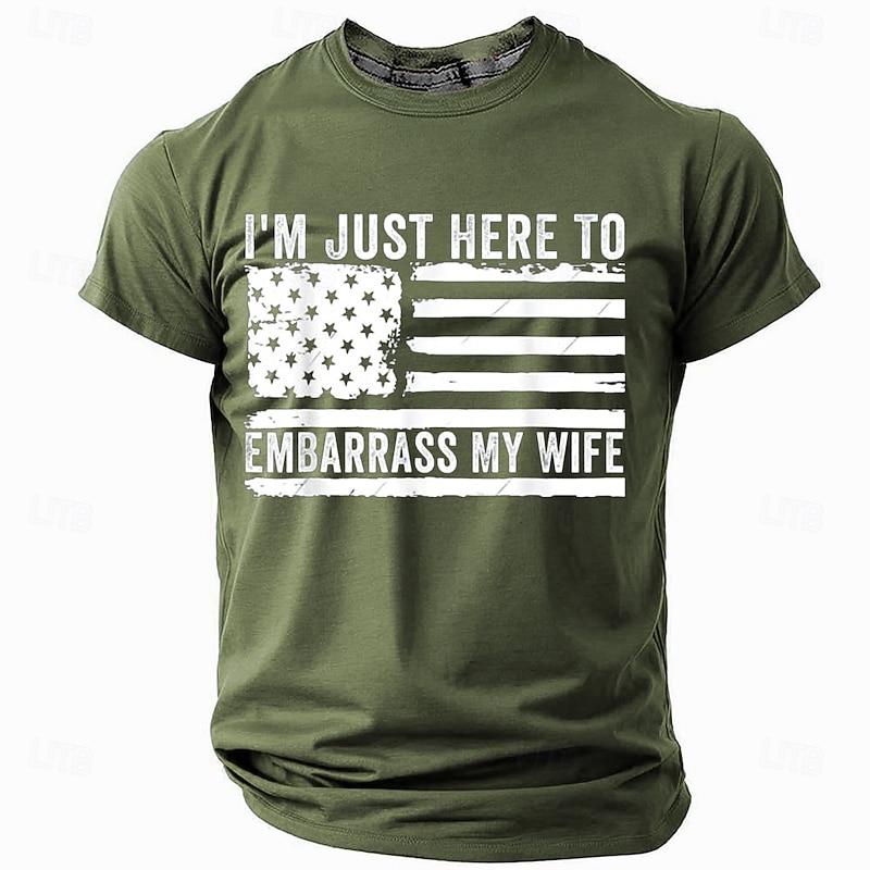 Men's Funny T-Shirt 'I'm Just Here To Embarrass My Wife' Slogan American Flag Graphic Short Sleeve Family Humor2