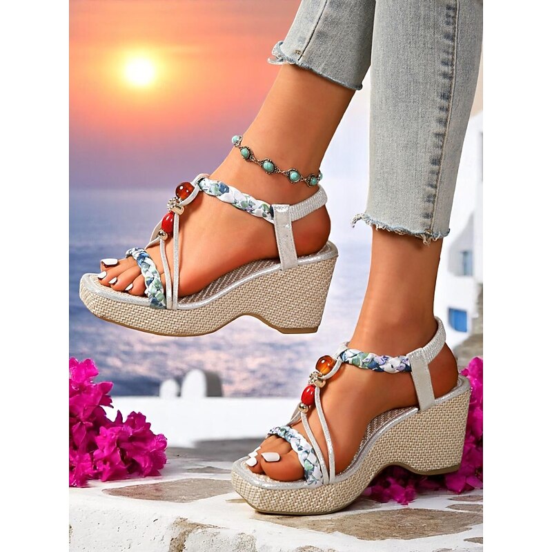 Women's Beaded Strap Wedge Sandals – Boho Summer Shoes with Gem Accents for Resort Wear and Seaside Vacations2