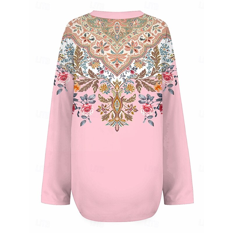 Women's Blouse Tunic V Neck Long Sleeve Boho Casual Tops Floral Graphic Elegant Stylish Regular Tops Daily Print Pink Blue Purple2
