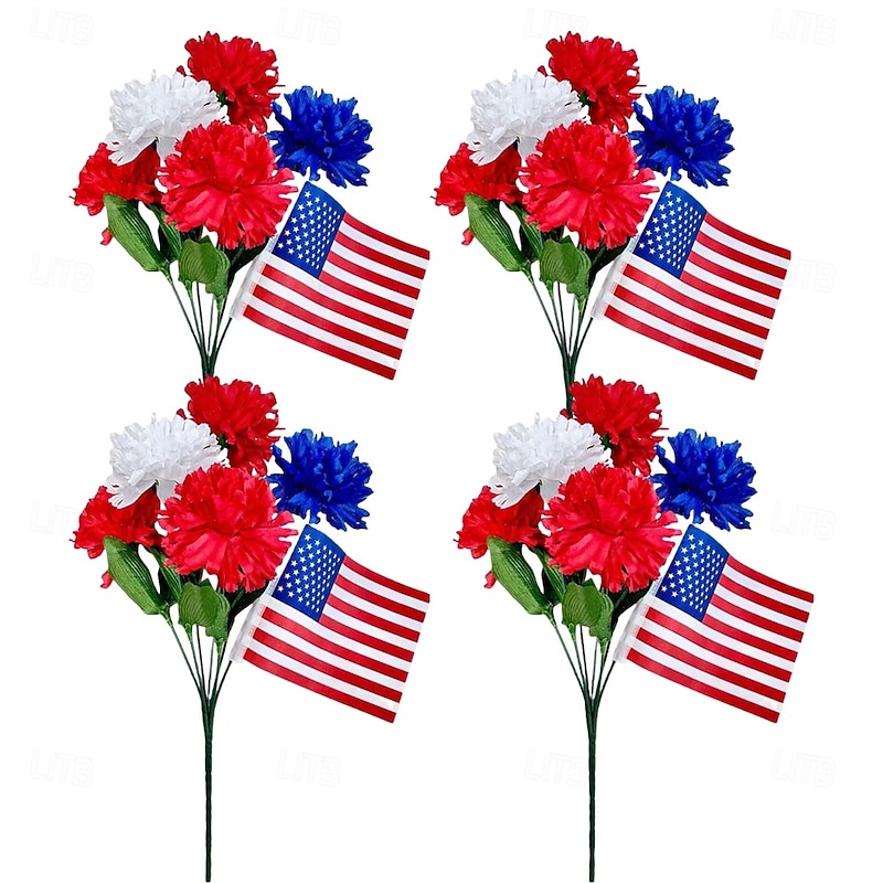 4 Bunches Patriotic Artificial Flowers,4th of July Independence Day Red Blue White Flower with Flags, Memorial Day Bouquet Decorations for Veterans Day Grave Memorial Day Home Decor