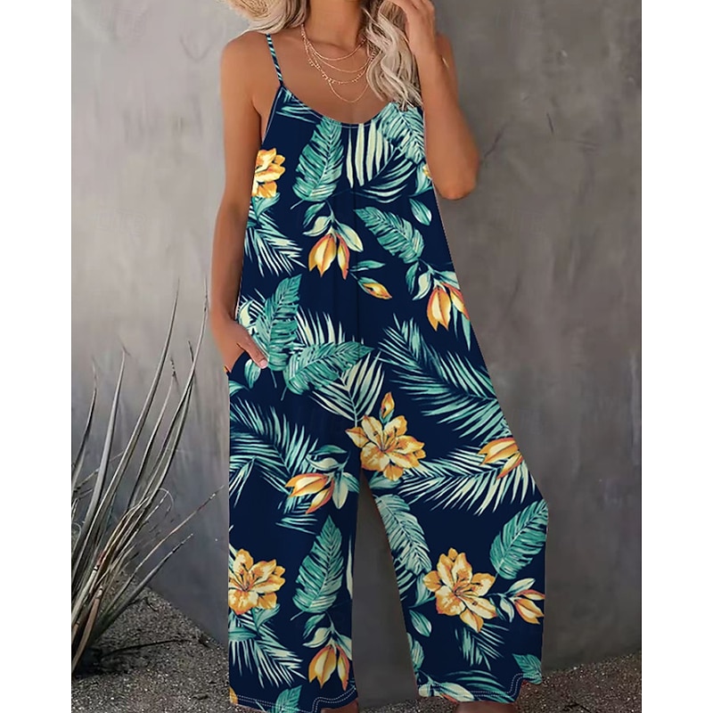 Women's Normal Jumpsuit Streetwear Floral Sleeveless Crew Neck Print Street Daily Regular Fit Black Navy Blue Blue Summer2