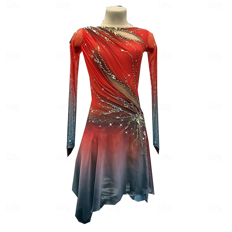 Figure Skating Dress Women's Girls' Ice Skating Dress Red Thumbhole Halo Dyeing High Elasticity Professional Competition Skating Wear Thermal Warm Crystal / Rhinestone Long Sleeve Ice Skating Figure2