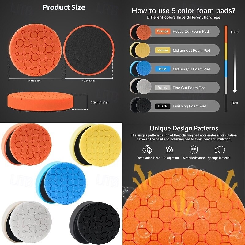 5Pack 5.5" Car Polishing Buffing Pads Kit for 5" Backing Plate, Hex Foam Cutting and Finishing Pads for Waxing, Sealing, Scratch Removal and Paint Care4