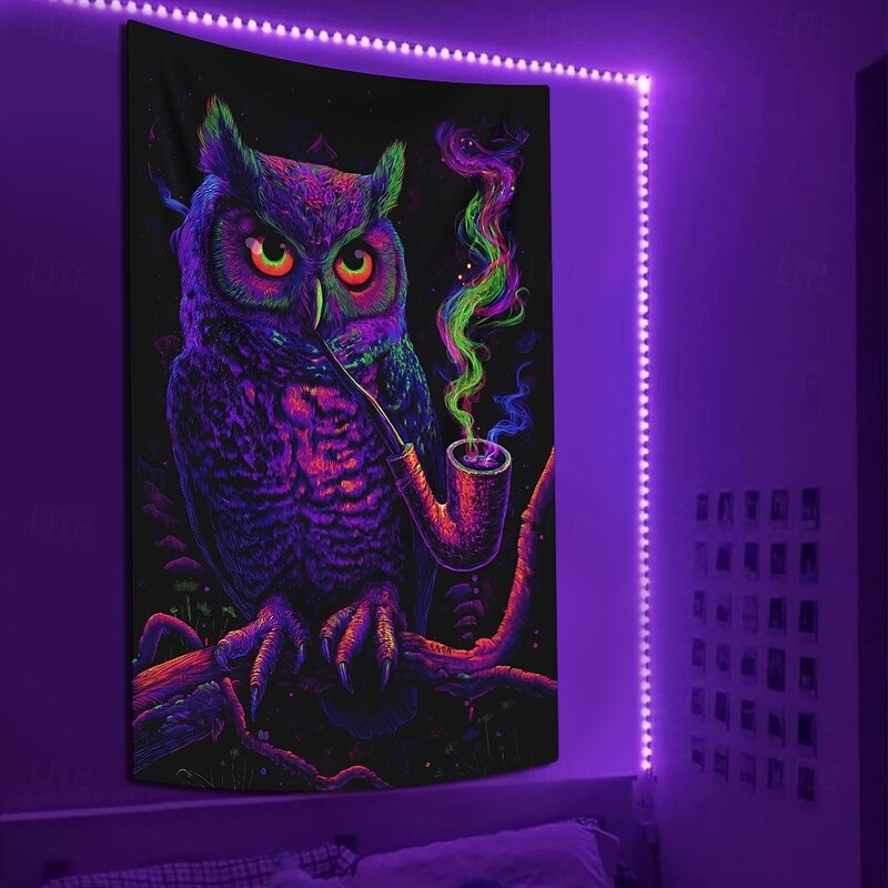 Blacklight Tapestry Glow in the Dark Glow Party UV Reactive Animal Owls Trippy Misty Hanging Tapestry Wall Art Mural for Living Room Bedroom4