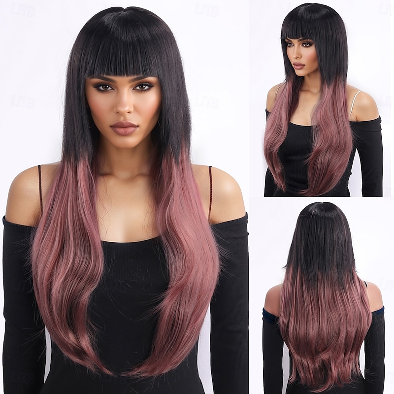 Synthetic Wig Yaki Straight Layered Haircut With Bangs Machine Made Wig 28 inch A1 Synthetic Hair Women's Classic Comfortable Color Gradient Multi-color
