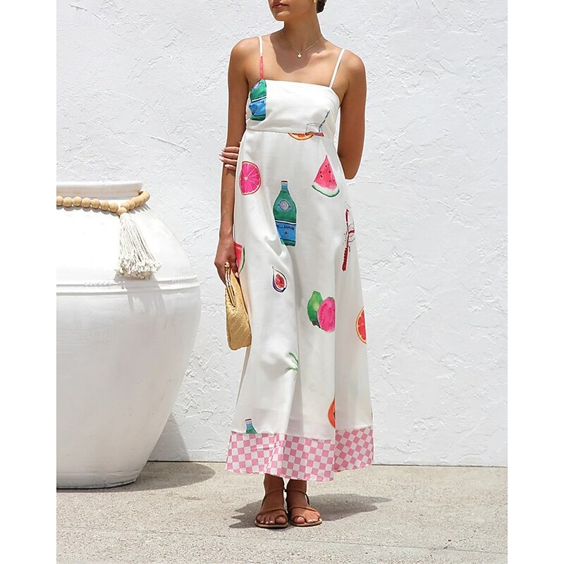 Women's Long Dress Maxi Dress Cotton Linen Dresses Casual Dress Fashion Outdoor Party Holiday Regular Fit Fruit Short Sleeve Spaghetti Strap White Summer4