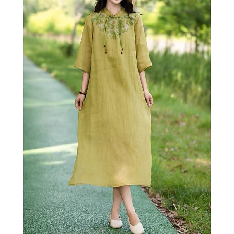 Women's Midi Dress Cotton Linen Dress Floral Dress Fashion Modern Vacation Daily Holiday Regular Fit Flower Half Sleeve Stand Collar Pink Blue Green Apricot Summer