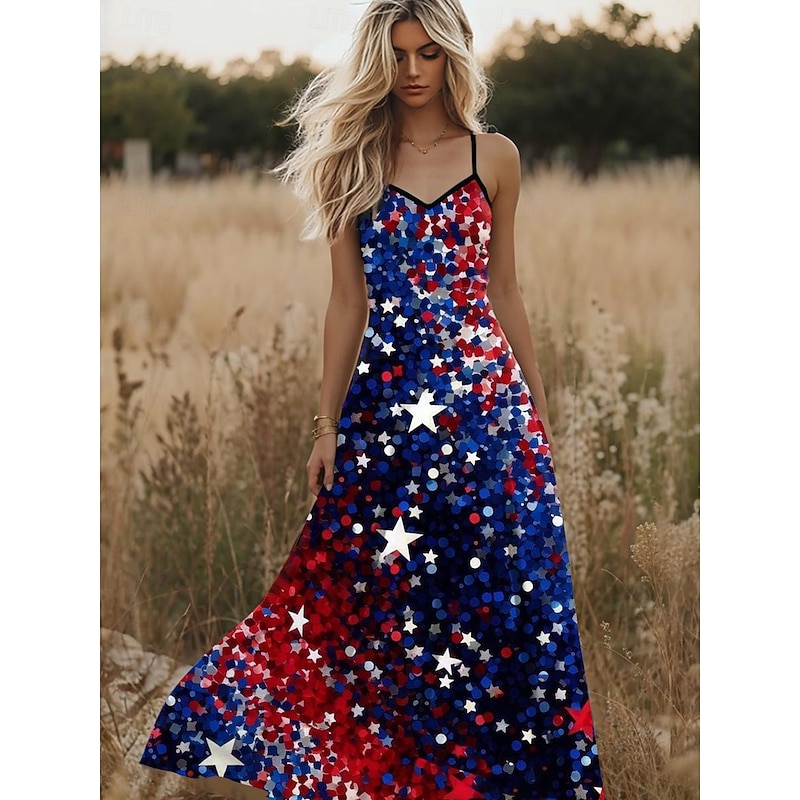 Women's Patriotic  Maxi Dress Sundress A Line Dress Slip Dress Vacation Casual Going out Beach Regular Fit Graphic Stars and Stripes National Flag Sleeveless V Neck2