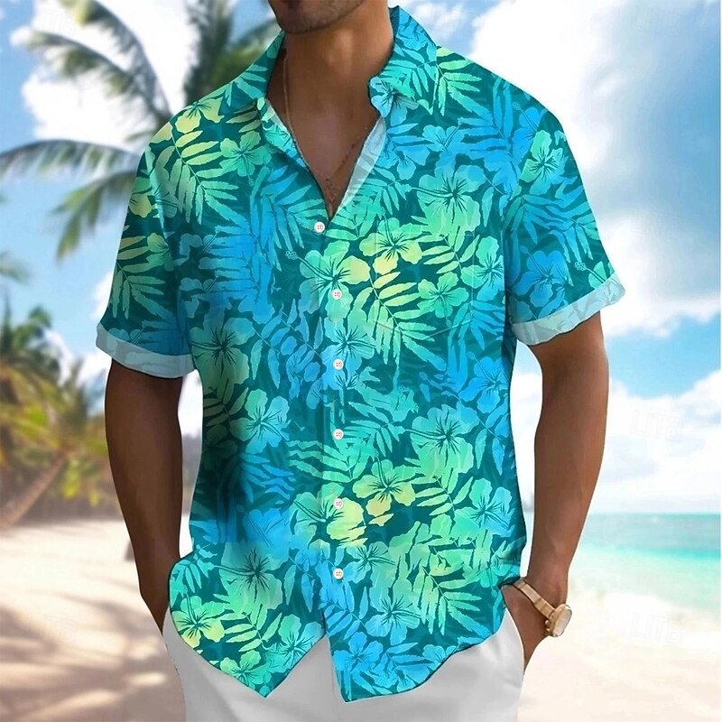 Men's Leaf Floral Print Tropical Flowers Summer Hawaiian Shirt Button Up Shirt Aloha Shirt Short Sleeve Hawaiian Holiday Beach Wear Summer Spring Turndown 3D Print Collared Shirts Front One Pocket